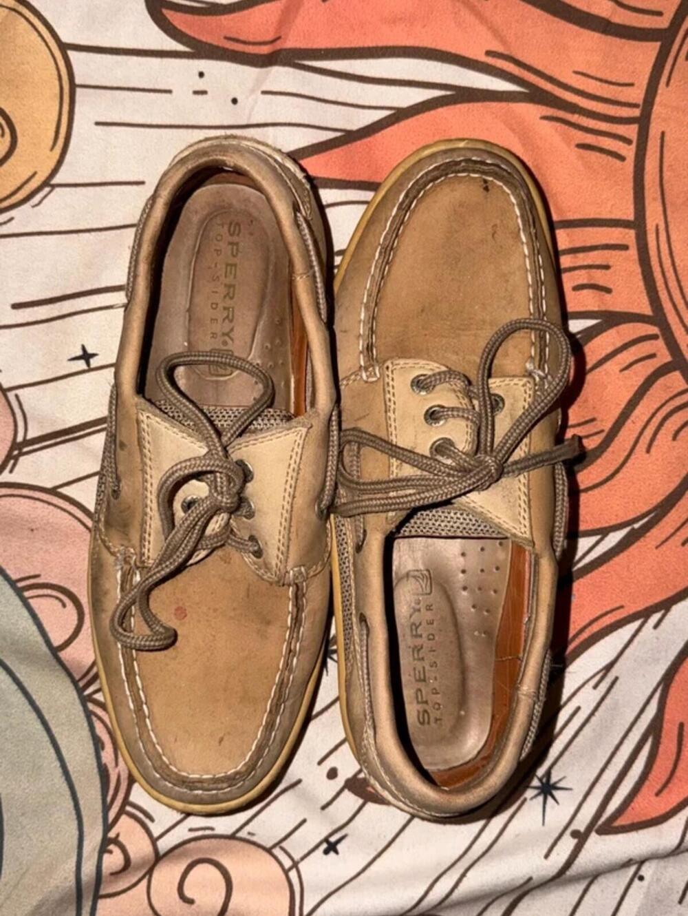 Men's 8 Tan and Beige Sperry Laced Leather Boat Shoe Loafers